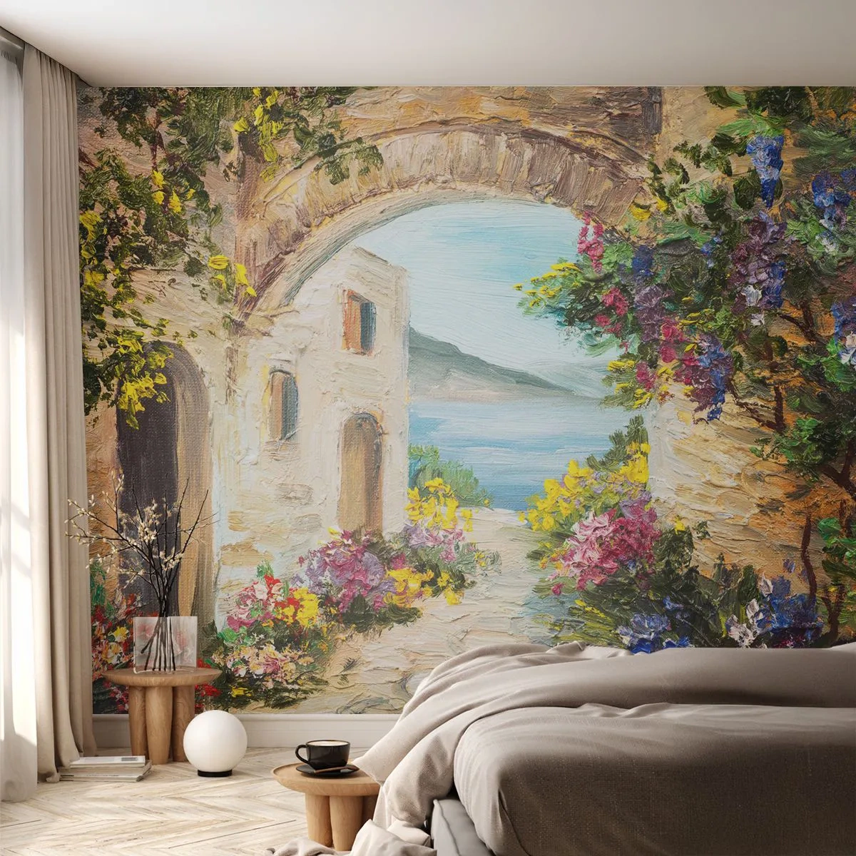 Selbstklebende Fototapete Deluxe Sticker - Charme einer Küstenprovinz - Die Architektur, Griechenland, Blumen - 300x210 cm