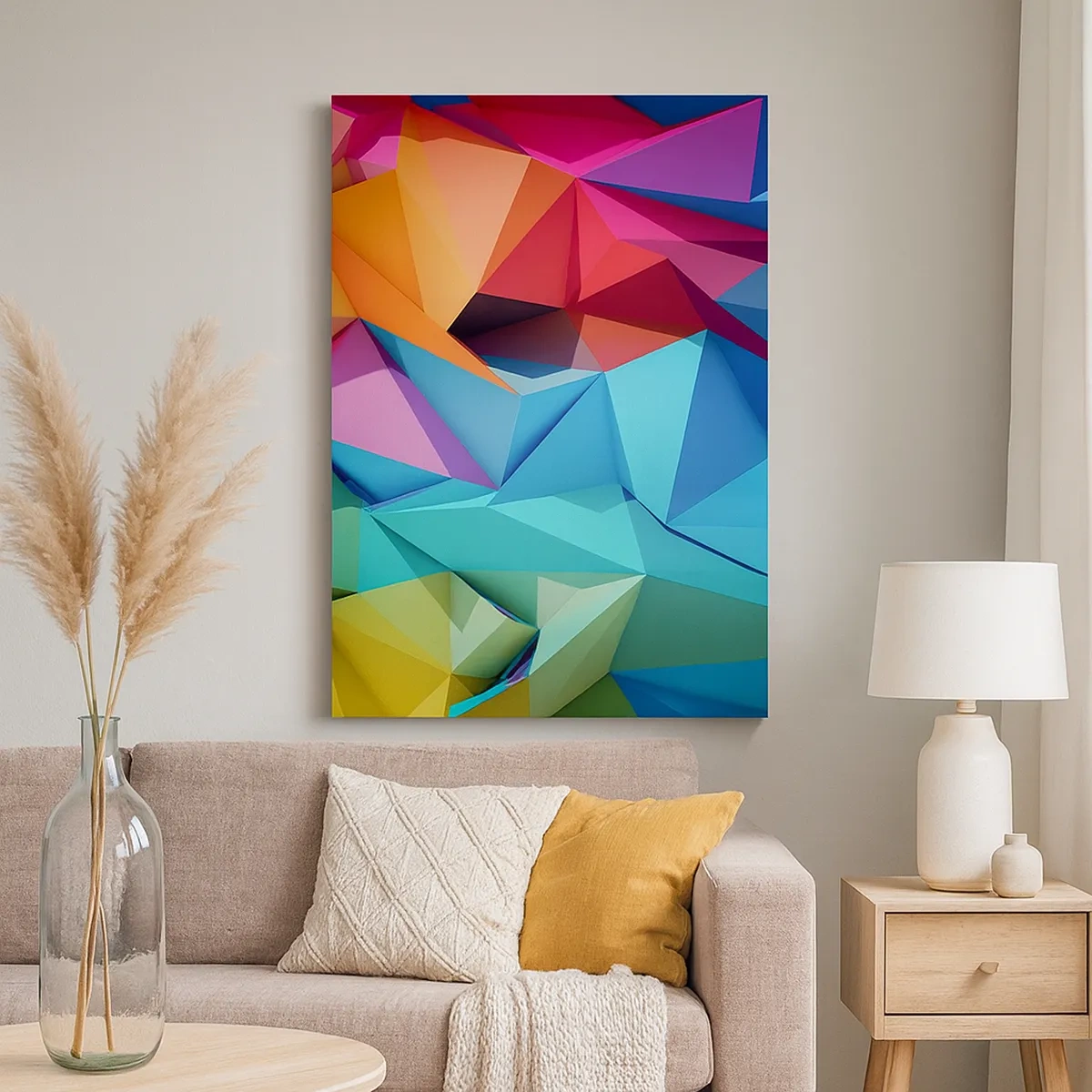 Bild auf Leinwand - Leinwandbild - Bunte geometrische Abstraktion in lebendigen Farben - 50x70cm - Regenbogen-Origami - Moderne Wanddekoration für Wohnzimmer und Schlafzimmer ARTTOR