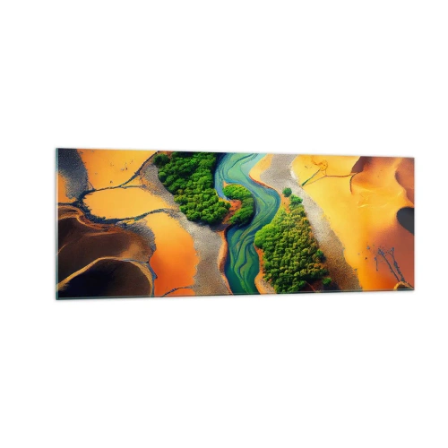 Glasbild - Bild auf glas - Ein grüner Fluss, umgeben von goldenem Sand und Vegetation - 140x50cm - Lebensspendender Fluss - Moderne Wanddekoration für Wohnzimmer und Schlafzimmer ARTTOR