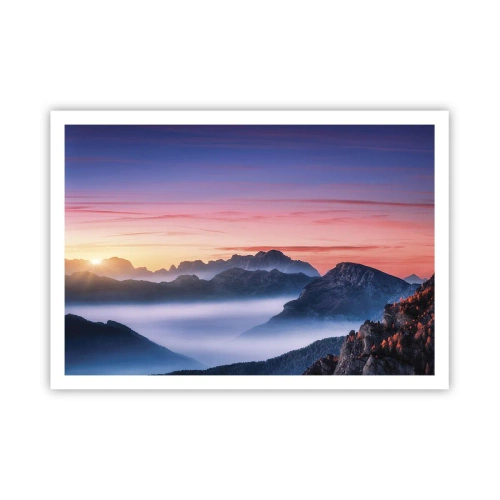 Poster - Berglandschaft bei Sonnenaufgang mit Nebel in den Tälern - 100x70cm - Über die Täler - Moderne Wanddekoration für Wohnzimmer und Schlafzimmer ARTTOR