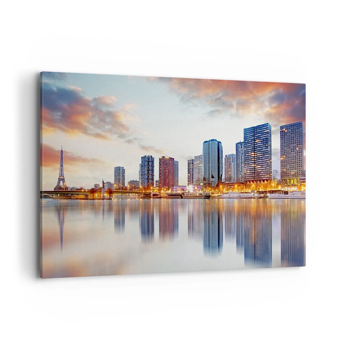 Bild auf Leinwand - Leinwandbild - Panorama moderner Gebäude und des Eiffelturms über dem Wasser - 120x80cm - Die monumentale Ruhe von Paris - Moderne Wanddekoration für Wohnzimmer und Schlafzimmer ARTTOR