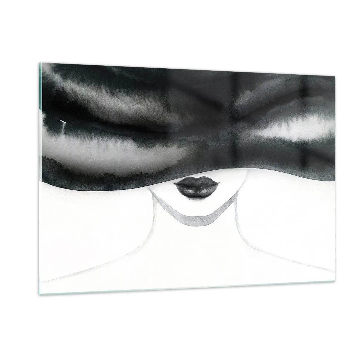 Glasbild - Bild auf glas - Geheimnisvolles Gesicht mit verdeckten Augen in Schwarz-Weiß-Aquarell - 120x80cm - Ein sinnliches Geheimnis - Moderne Wanddekoration für Wohnzimmer und Schlafzimmer ARTTOR