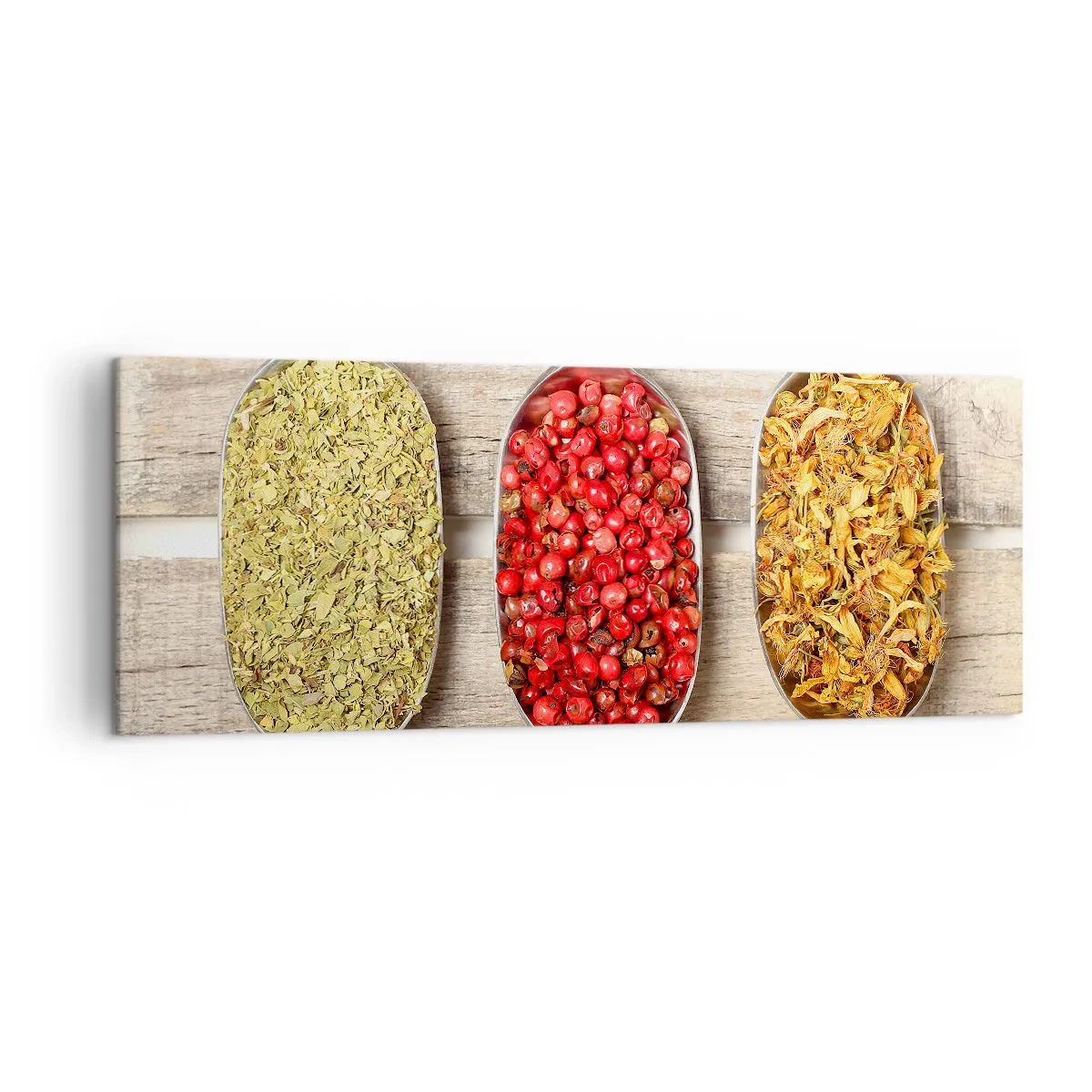 Bild auf Leinwand - Leinwandbild - Drei Metalllöffel mit Gewürzen auf einem hölzernen Hintergrund - 140x50cm - Küchenzauber - Moderne Wanddekoration für Wohnzimmer und Schlafzimmer ARTTOR