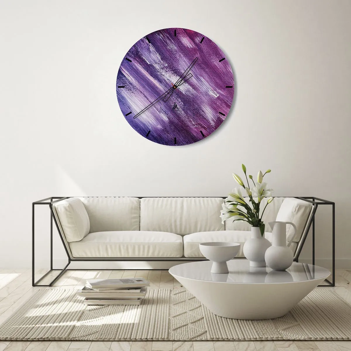 Wanduhr - Glasuhr - Abstrakte Pinselstriche in Lila- und Rosatönen - 30x30cm - Wenn der sonnige Wind weht - Moderne Wanddekoration für Wohnzimmer, Küche und Schlafzimmer ARTTOR