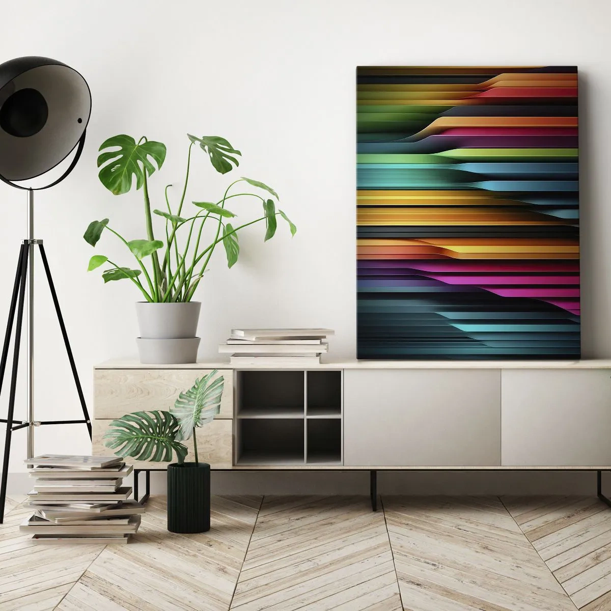 Bild auf Leinwand - Leinwandbild - Bunte vertikale Linien erzeugen eine dynamische Abstraktion. - 50x70cm - Lichtorgan - Moderne Wanddekoration für Wohnzimmer und Schlafzimmer ARTTOR