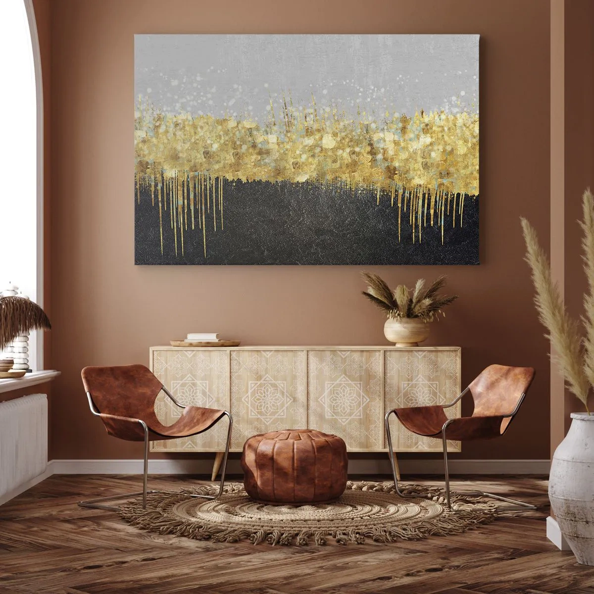 Bild auf Leinwand - Leinwandbild - Abstrakte Komposition in Gold- und Schwarztönen - 120x80cm - Nach innen und nach oben - Moderne Wanddekoration für Wohnzimmer und Schlafzimmer ARTTOR