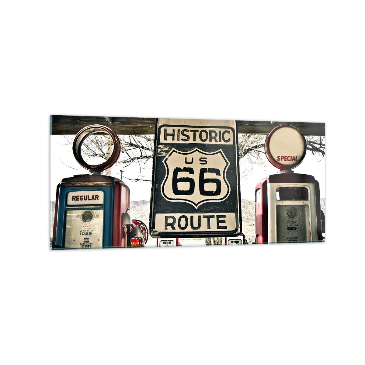 Glasbild - Bild auf glas - Historische Tankstelle an der Route 66 - 120x50cm - Amerikanische Retro-Reise - Moderne Wanddekoration für Wohnzimmer und Schlafzimmer ARTTOR