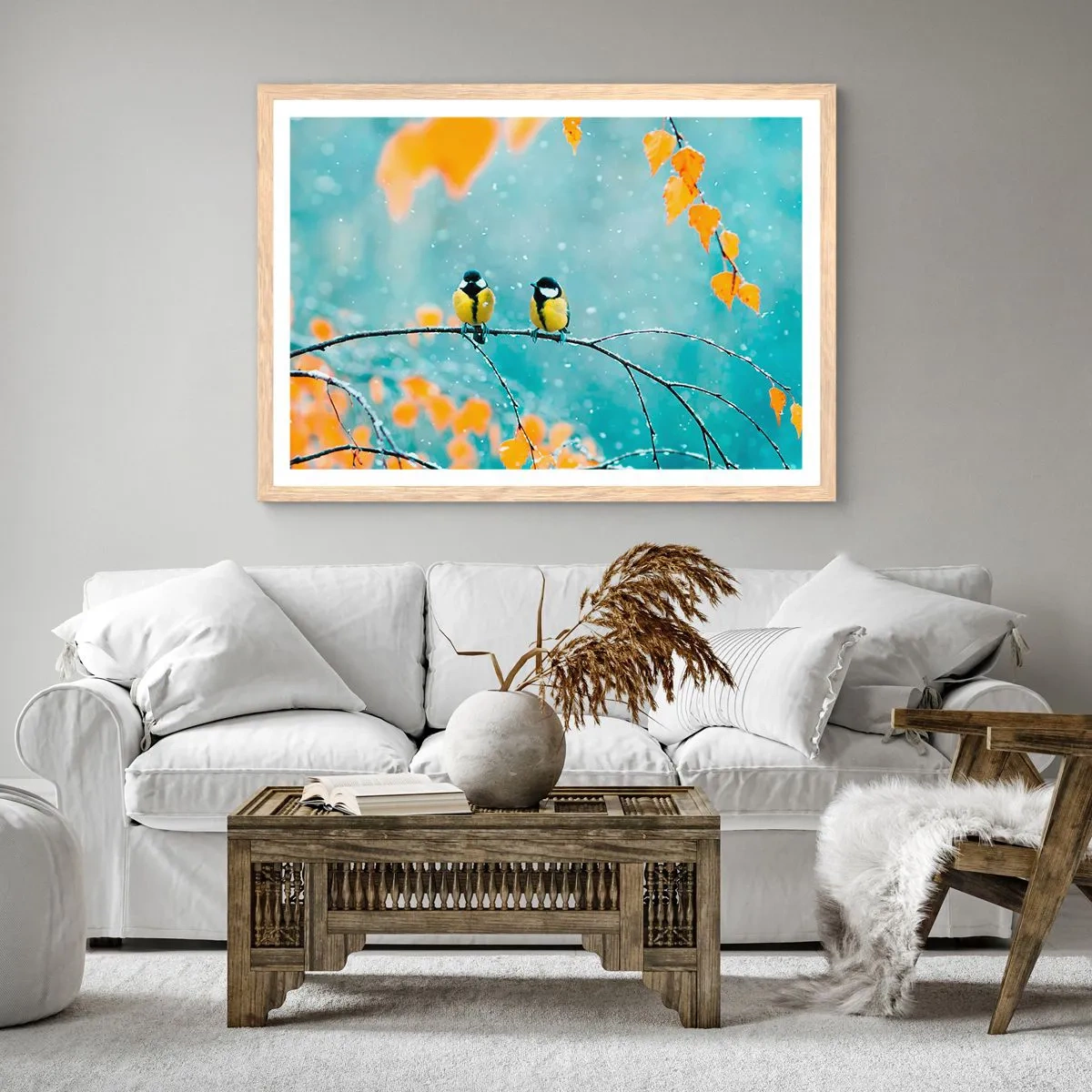 Poster in einem Rahmen aus heller Eiche - Vogelklatsch - 100x70 cm