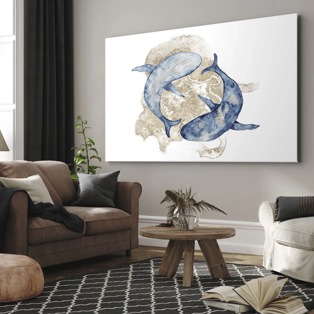 Bild auf Leinwand - Leinwandbild - Abstrakte Blauwale auf hellem Hintergrund - 70x50cm - Freundschaft oder Liebe? - Moderne Wanddekoration für Wohnzimmer und Schlafzimmer ARTTOR