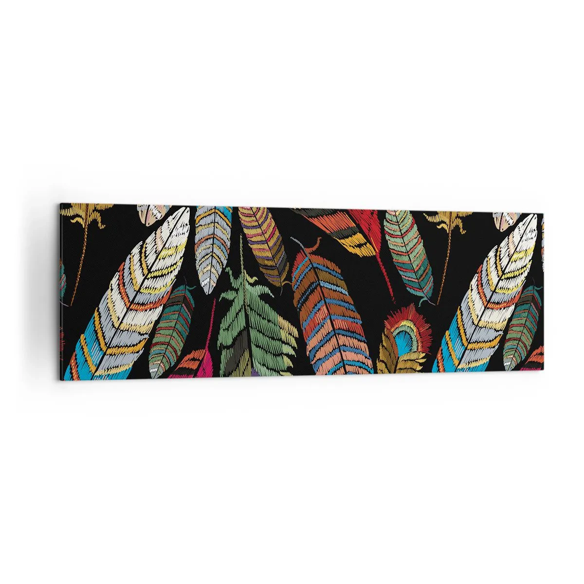 Bild auf Leinwand - Leinwandbild - Bunte Federn auf schwarzem Hintergrund - 160x50cm - Der Vogelkarneval - Moderne Wanddekoration für Wohnzimmer und Schlafzimmer ARTTOR