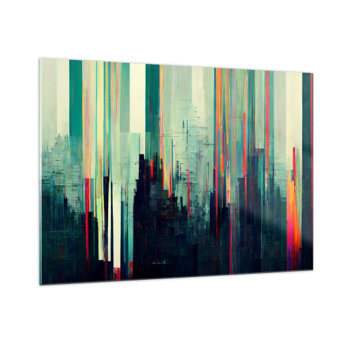 Glasbild - Bild auf glas - Vertikale farbige Linien bilden den Umriss einer futuristischen Metropole. - 100x70cm - Futuristische Stadt - Moderne Wanddekoration für Wohnzimmer und Schlafzimmer ARTTOR