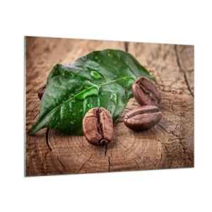 Glasbild - Bild auf glas - Kaffeebohnen auf einem Blatt und Holzhintergrund - 100x70cm - Der wahrste und schwarze - Moderne Wanddekoration für Wohnzimmer und Schlafzimmer ARTTOR
