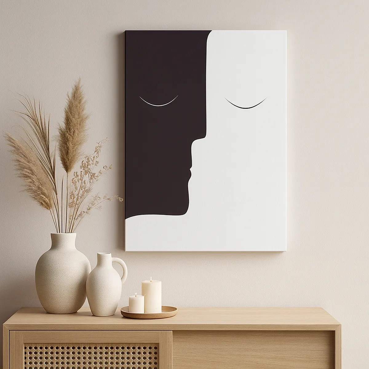 Bild auf Leinwand - Leinwandbild - Eine minimalistische Silhouette zweier Gesichter in Kontrastfarben. - 50x70cm - Einheit der Gegensätze - Moderne Wanddekoration für Wohnzimmer und Schlafzimmer ARTTOR