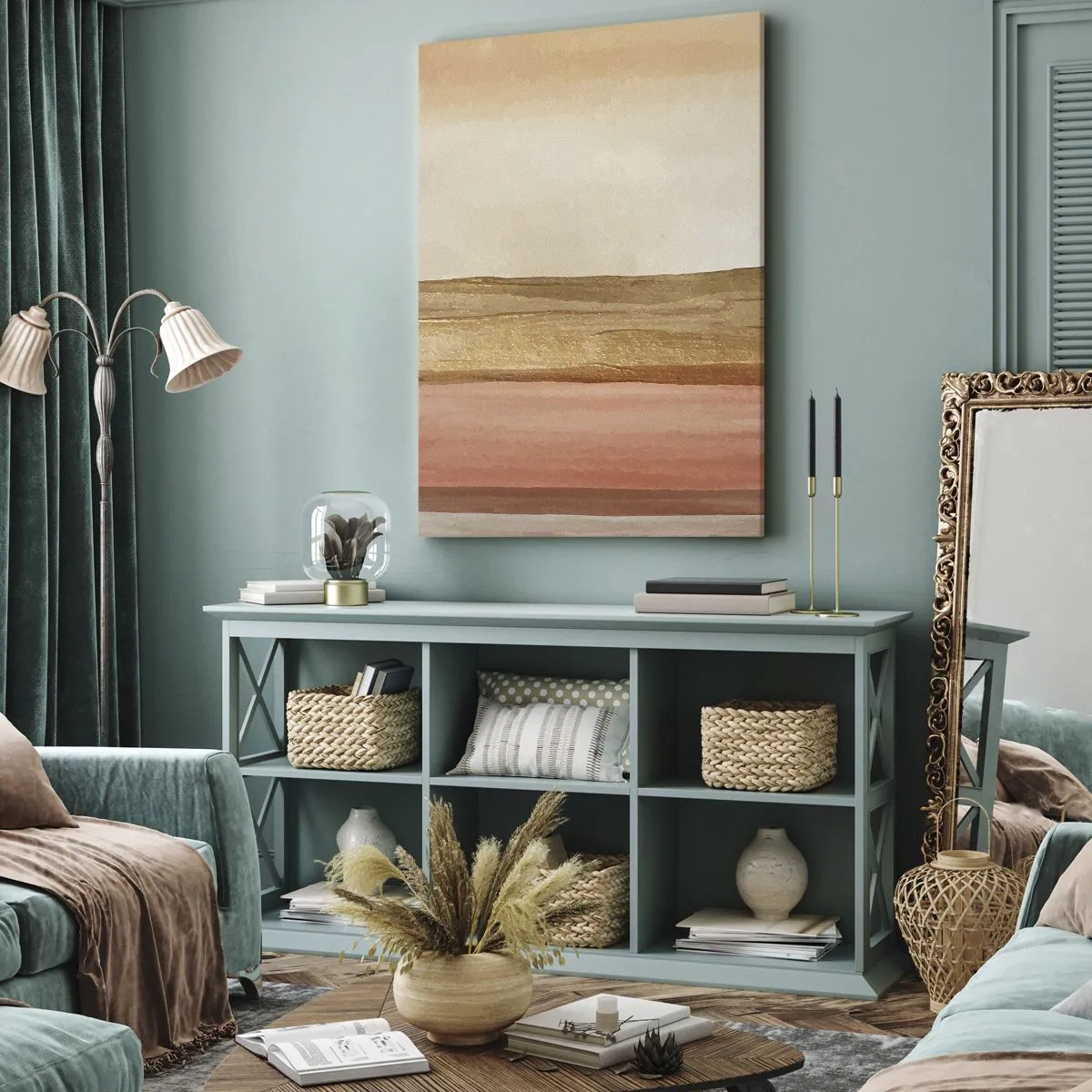 Bild auf Leinwand - Leinwandbild - Abstrakte Streifen in Beige-, Gold- und Rosatönen auf Leinwand - 80x120cm - Vertikale Komposition - Moderne Wanddekoration für Wohnzimmer und Schlafzimmer ARTTOR