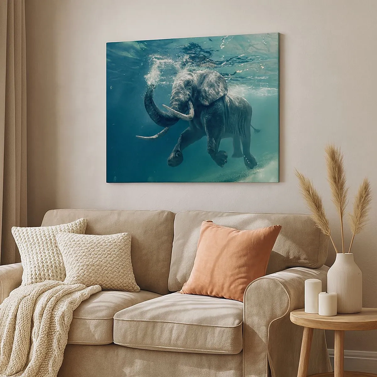 Bild auf Leinwand - Leinwandbild - Ein Elefant schwimmt unter Wasser in den türkisfarbenen Tiefen - 70x50cm - Jeder schwimmt gerne - Moderne Wanddekoration für Wohnzimmer und Schlafzimmer ARTTOR