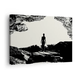 Bild auf Leinwand - Leinwandbild - Schwarz-weiße Silhouette einer Frau in einer Höhle gegen den Himmel - 70x50cm - Neuer Blick - Moderne Wanddekoration für Wohnzimmer und Schlafzimmer ARTTOR