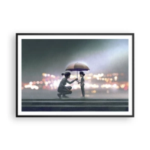 Poster in einem schwarzem Rahmen - Eine Figur mit einem Regenschirm schützt ein Kind vor dem Hintergrund nächtlicher Lichter. - 100x70cm - Und jetzt ist alles in Ordnung - Moderne Wanddekoration für Wohnzimmer und Schlafzimmer ARTTOR