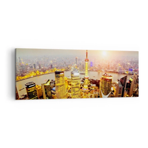 Bild auf Leinwand - Leinwandbild - Stadtpanorama mit Wolkenkratzern bei Sonnenuntergang - 140x50cm - Asiatischer Traum - Moderne Wanddekoration für Wohnzimmer und Schlafzimmer ARTTOR
