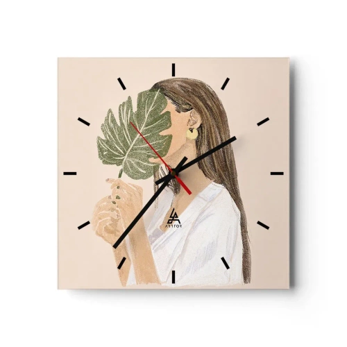 Wanduhr - Glasuhr - Porträt einer Frau mit einem Monstera-Blatt auf beigem Hintergrund - 30x30cm - Geheimnisvolles Porträt mit Fächer - Moderne Wanddekoration für Wohnzimmer und Schlafzimmer ARTTOR
