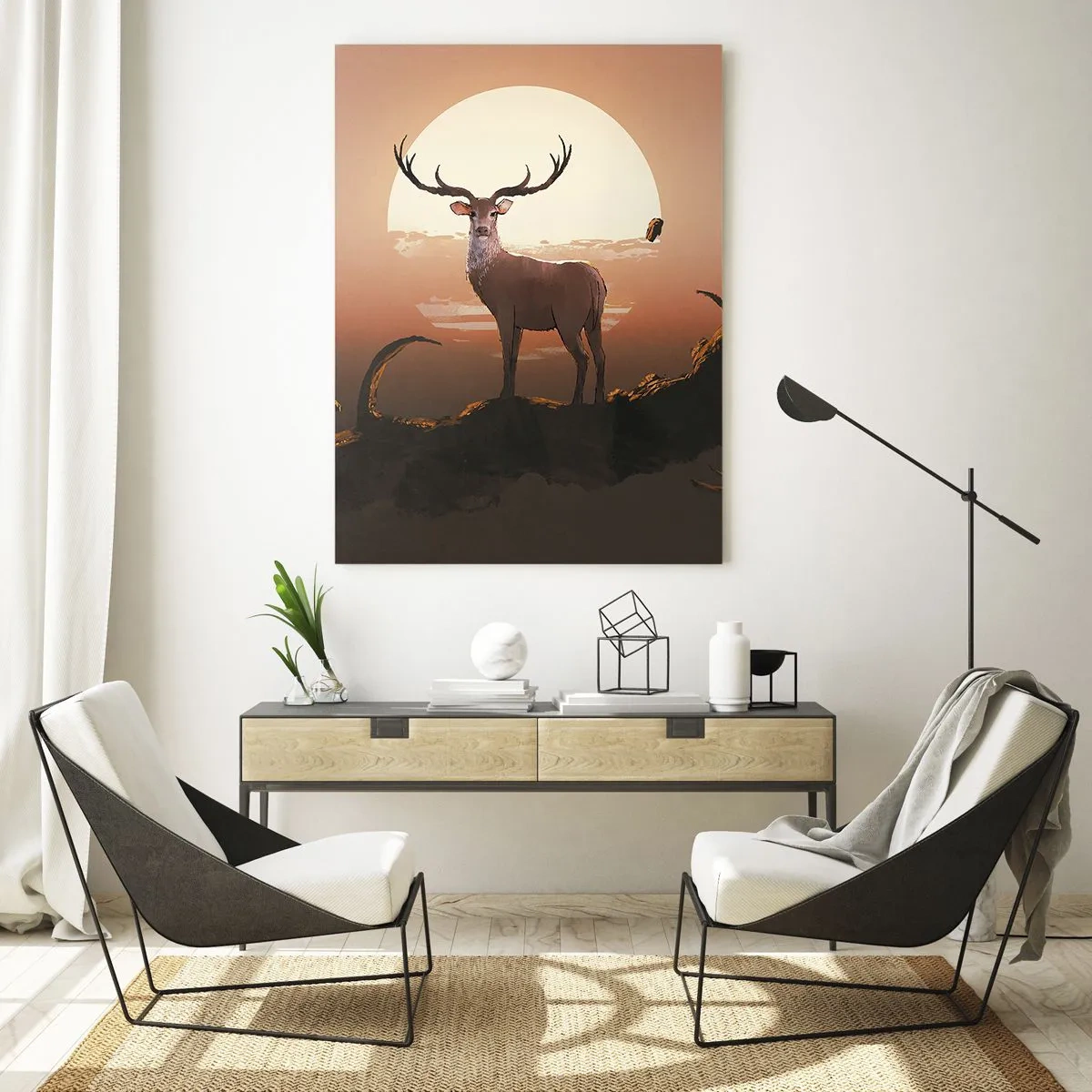 Glasbild - Bild auf glas - Silhouette eines Hirsches vor dem Hintergrund eines großen Mondes, umgeben von Zweigen - 50x70cm - Diese Nacht ist anders als jede andere - Moderne Wanddekoration für Wohnzimmer und Schlafzimmer ARTTOR