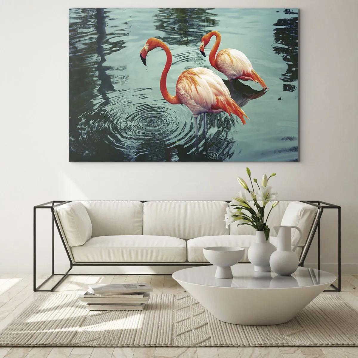 Glasbild - Bild auf glas - Flamingos auf dem Wasser in harmonischer Komposition - 70x50cm - Wir sind jetzt in Mode - Moderne Wanddekoration für Wohnzimmer und Schlafzimmer ARTTOR