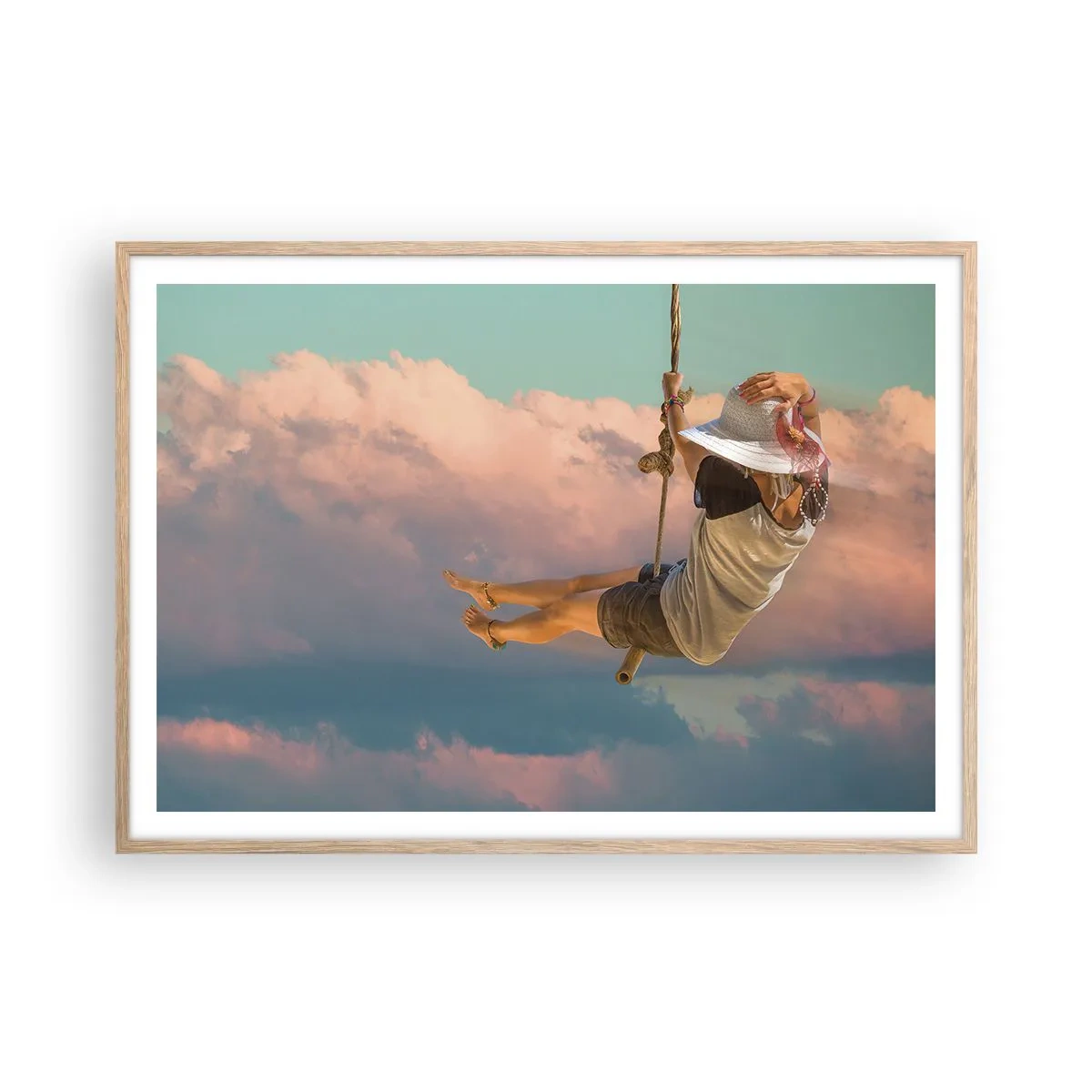 Poster in einem Rahmen aus heller Eiche - Spaß in den Wolken - 100x70 cm