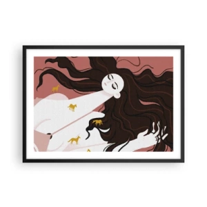Poster in einem schwarzem Rahmen - Eine Figur mit geschlossenen Augen, umgeben von goldenen Pferden - 70x50cm - Traum von einem goldenen Pferd - Moderne Wanddekoration für Wohnzimmer und Schlafzimmer ARTTOR