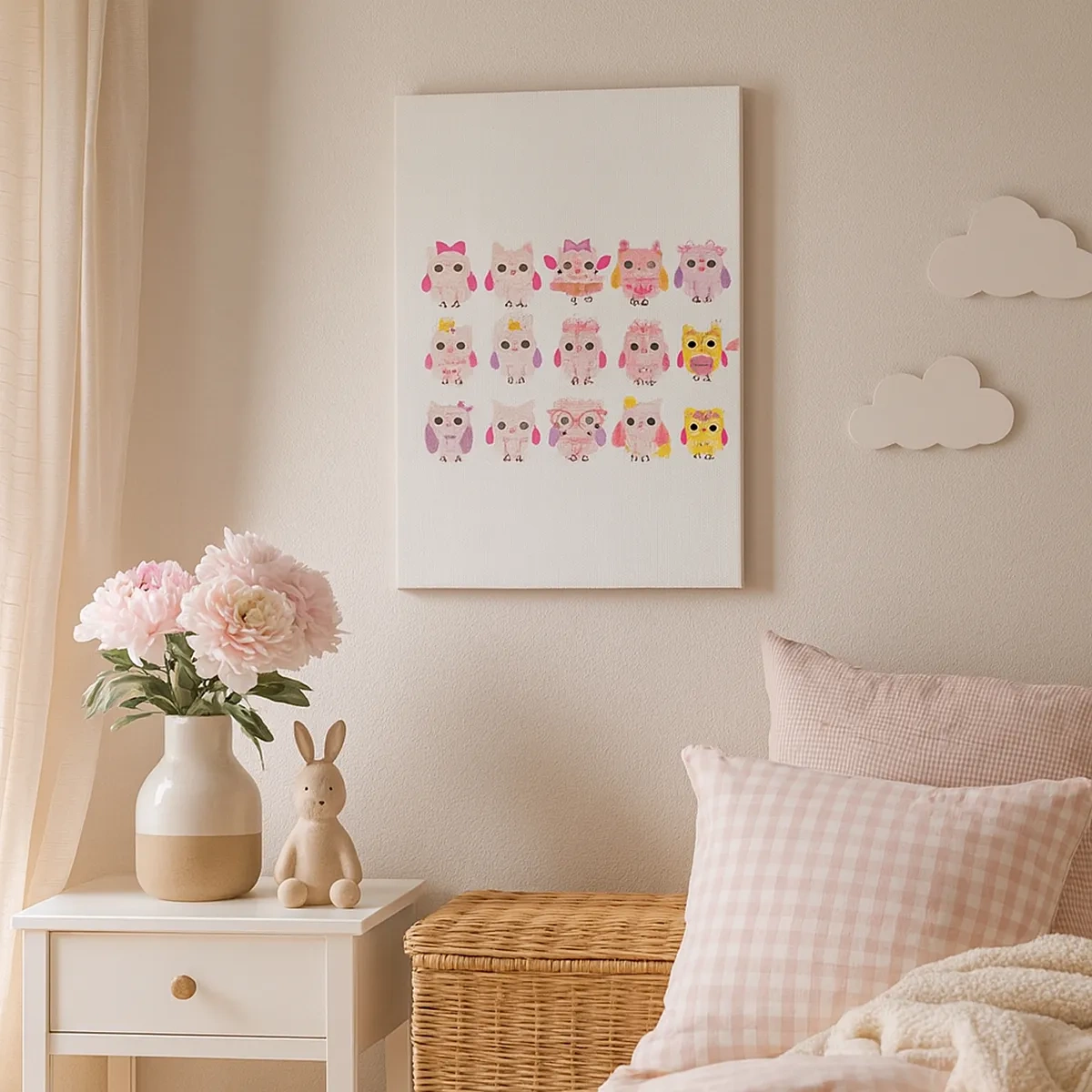 Bild auf Leinwand - Leinwandbild - Niedliche Eulen in Pastellfarben - 50x70cm - Einer ist süßer als der andere - Moderne Wanddekoration für Wohnzimmer und Schlafzimmer ARTTOR