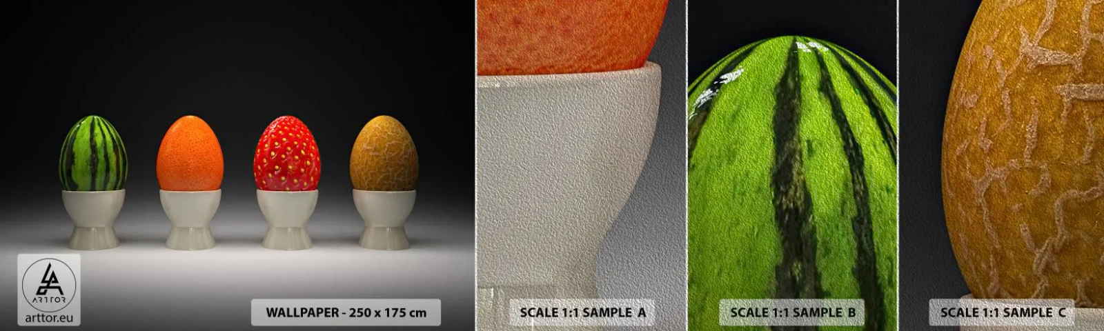 Fototapeten Muster Premium Sand - Obstfrühstück - Abstraktion, Obst, Ei - 100x30 cm