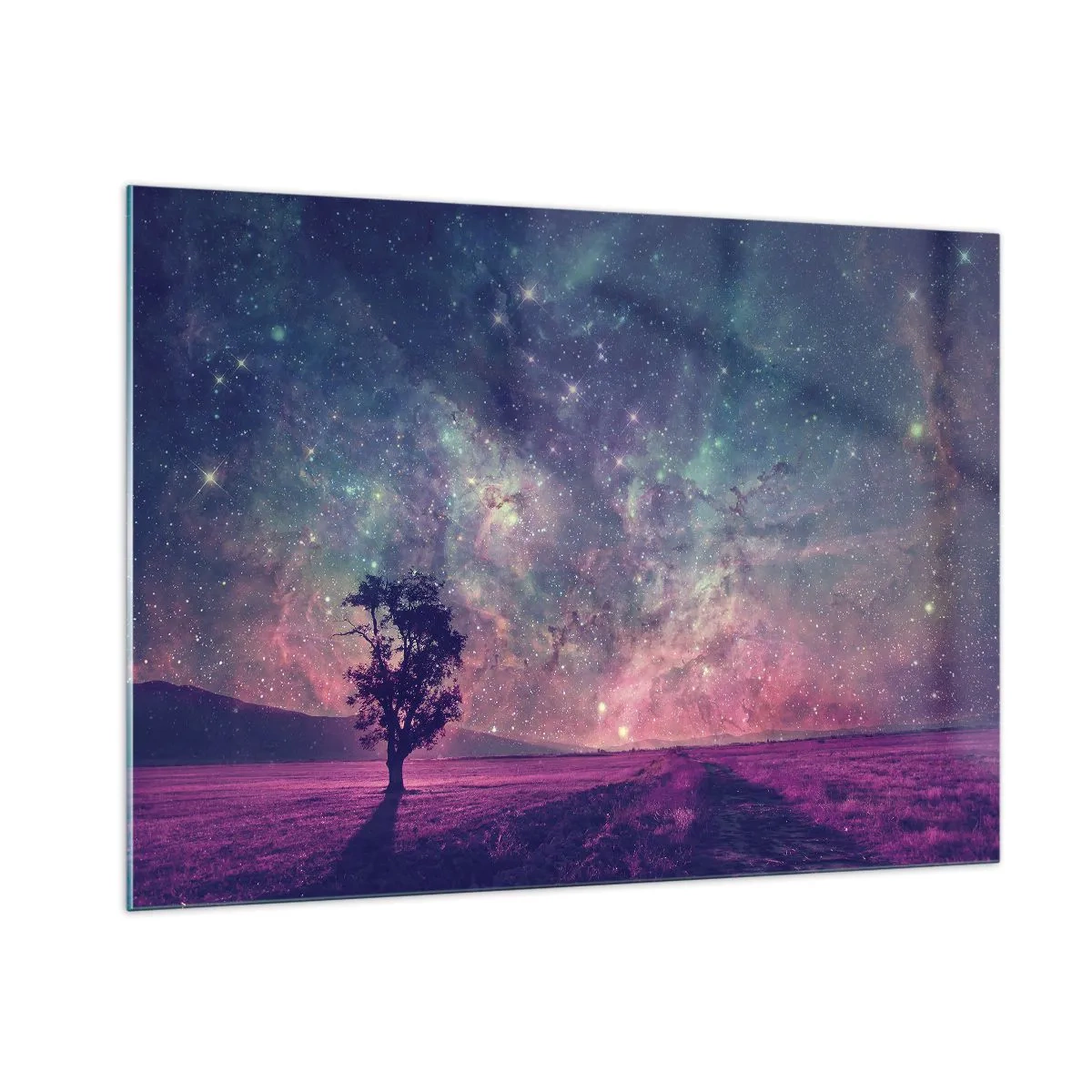 Glasbild - Bild auf glas - Ein Baum vor dem Hintergrund eines Sternenhimmels und einer Galaxie - 100x70cm - Unter dem magischen Himmel - Moderne Wanddekoration für Wohnzimmer und Schlafzimmer ARTTOR