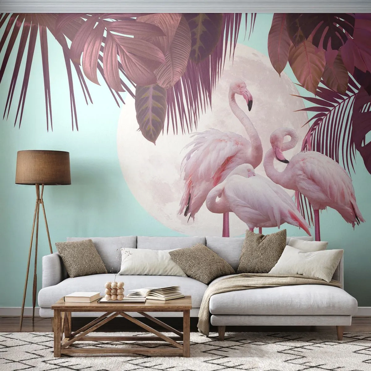 Fototapete Premium Sand - Drei Flamingos vor dem Hintergrund eines Vollmonds und tropischer Blätter. - 100x70cm - Drei Vogelgnaden - Moderne Wanddekoration für Wohnzimmer und Schlafzimmer ARTTOR