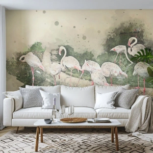 Selbstklebende Fototapete Deluxe Sticker - Exotischer Traum - Vögel, Flamingos, Natur - 300x210 cm