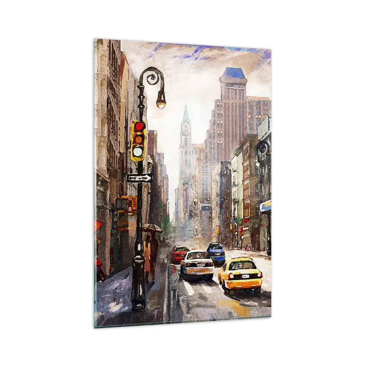 Glasbild - Bild auf glas - Stadtbild mit einer Straße und gelben Taxis - 80x120cm - New York - auch im Regen bunt - Moderne Wanddekoration für Wohnzimmer und Schlafzimmer ARTTOR