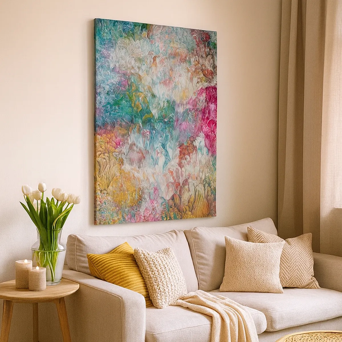Bild auf Leinwand - Leinwandbild - Eine farbenfrohe Abstraktion, die an blühende Blumen erinnert - 50x70cm - In voller Blüte - Moderne Wanddekoration für Wohnzimmer und Schlafzimmer ARTTOR