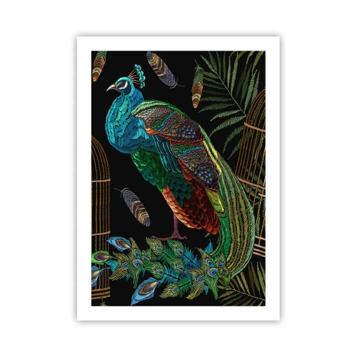 Poster - Ein bunter Pfau vor einem Hintergrund aus goldenen Käfigen und grünen Blättern. - 50x70cm - In königlichen Gewändern - Moderne Wanddekoration für Wohnzimmer und Schlafzimmer ARTTOR