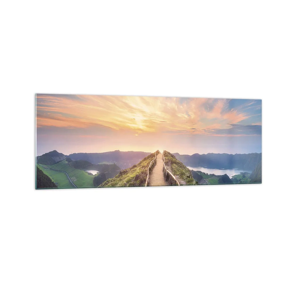 Glasbild - Bild auf glas - Ein malerischer Weg auf einem Hügel mit Blick auf den Sonnenuntergang - 140x50cm - Nah am Himmel - Moderne Wanddekoration für Wohnzimmer und Schlafzimmer ARTTOR