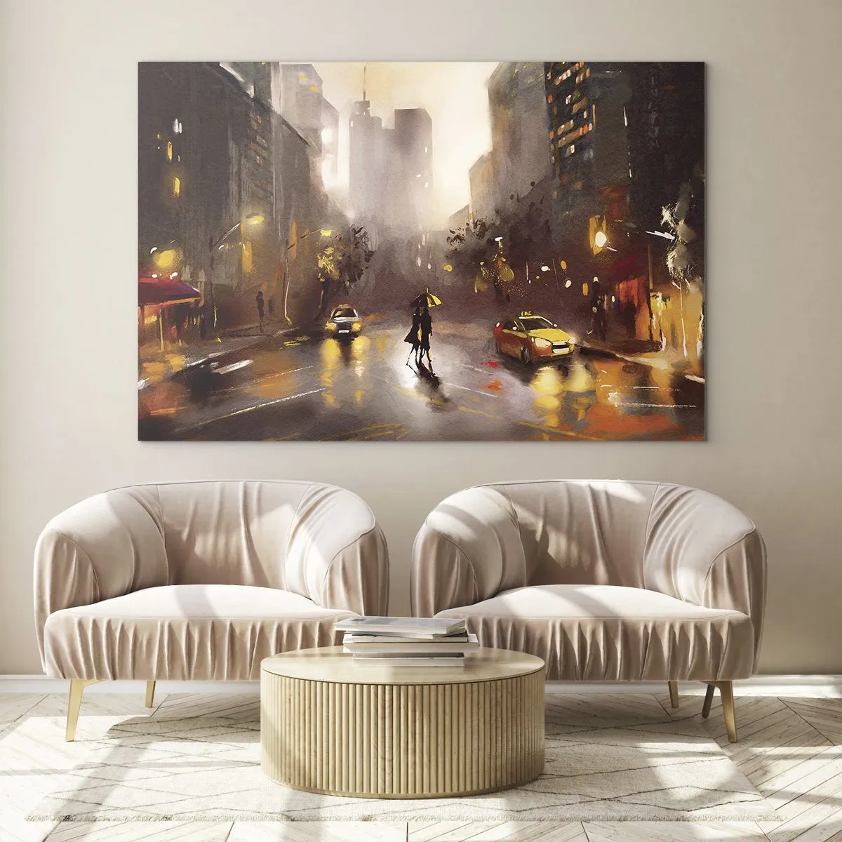 Glasbild - Bild auf glas - Stadt bei Nacht im Regen mit Taxis und der Silhouette eines Paares - 120x80cm - Im Licht von New York - Moderne Wanddekoration für Wohnzimmer und Schlafzimmer ARTTOR