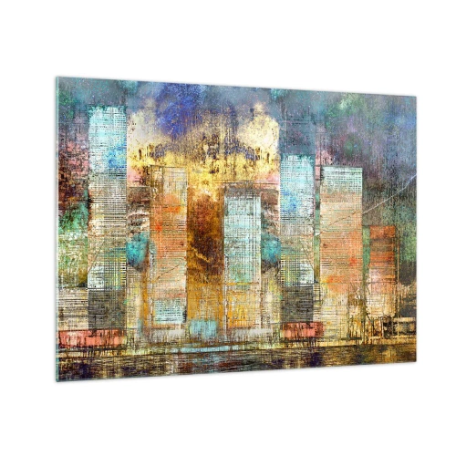 Glasbild - Bild auf glas - Farbenfrohes abstraktes Panorama der Wolkenkratzer der Stadt im künstlerischen Stil - 70x50cm - Sonnige Metropole - Moderne Wanddekoration für Wohnzimmer und Schlafzimmer ARTTOR