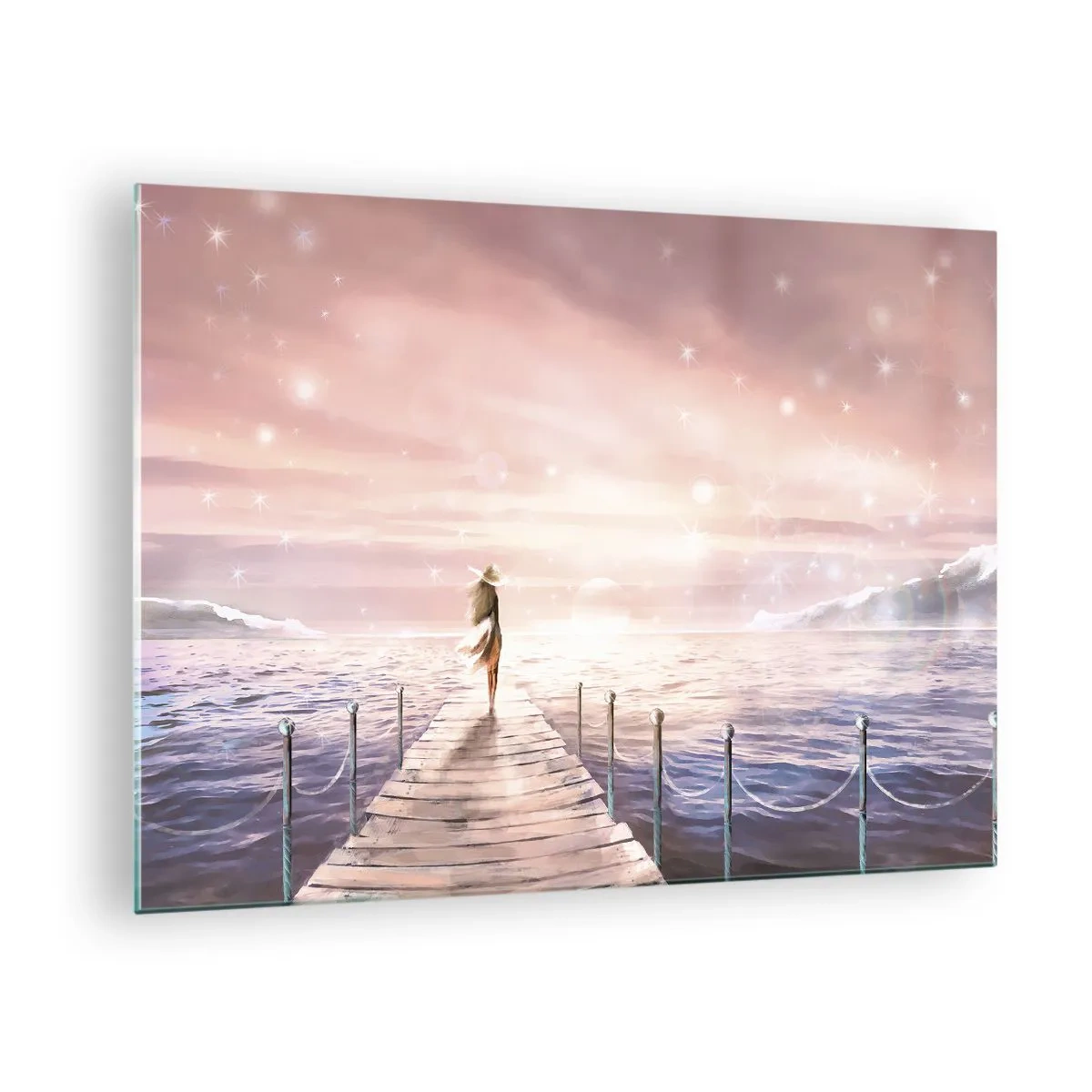 Glasbild - Bild auf glas - Frau auf dem Pier bei Sonnenuntergang - 70x50cm - Im Licht eines Traums - Moderne Wanddekoration für Wohnzimmer und Schlafzimmer ARTTOR