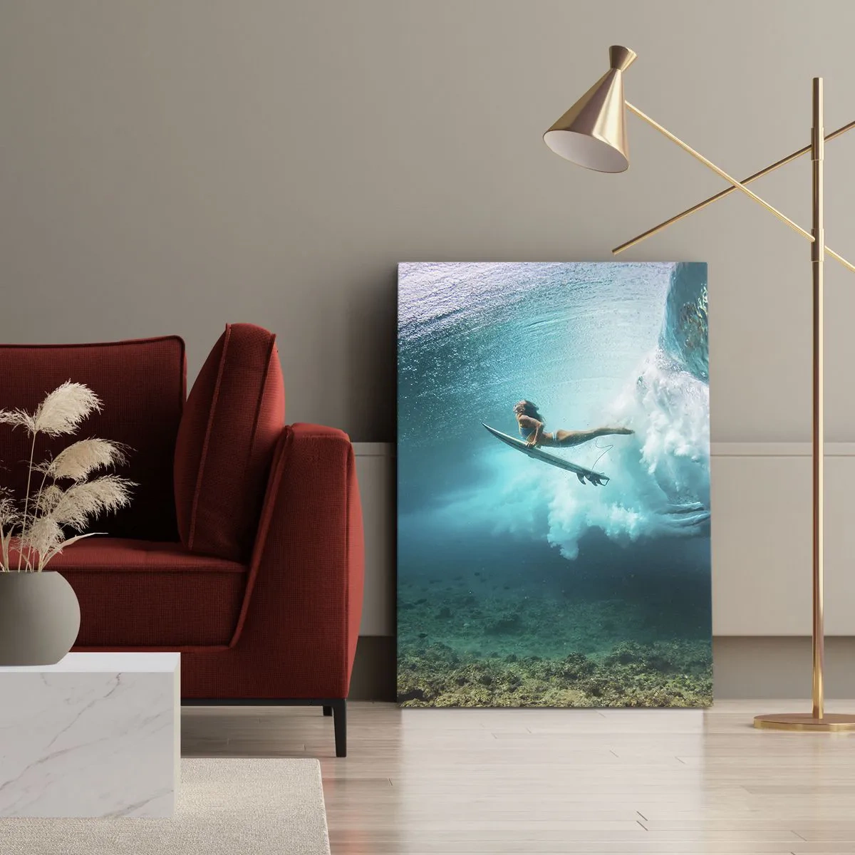 Bild auf Leinwand - Leinwandbild - Surfer unter einer Welle im blauen Ozeanwasser - 70x100cm - Unterwasserwelt - Moderne Wanddekoration für Wohnzimmer und Schlafzimmer ARTTOR