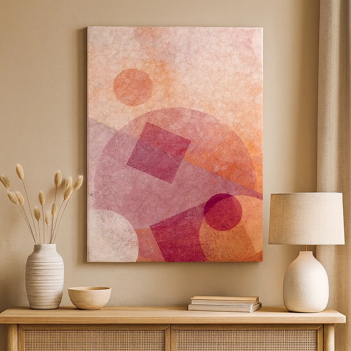 Bild auf Leinwand - Leinwandbild - Abstrakte geometrische Formen in Pastelltönen von Rosa - 50x70cm - Geometrische Transformationen in Pink - Moderne Wanddekoration für Wohnzimmer und Schlafzimmer ARTTOR