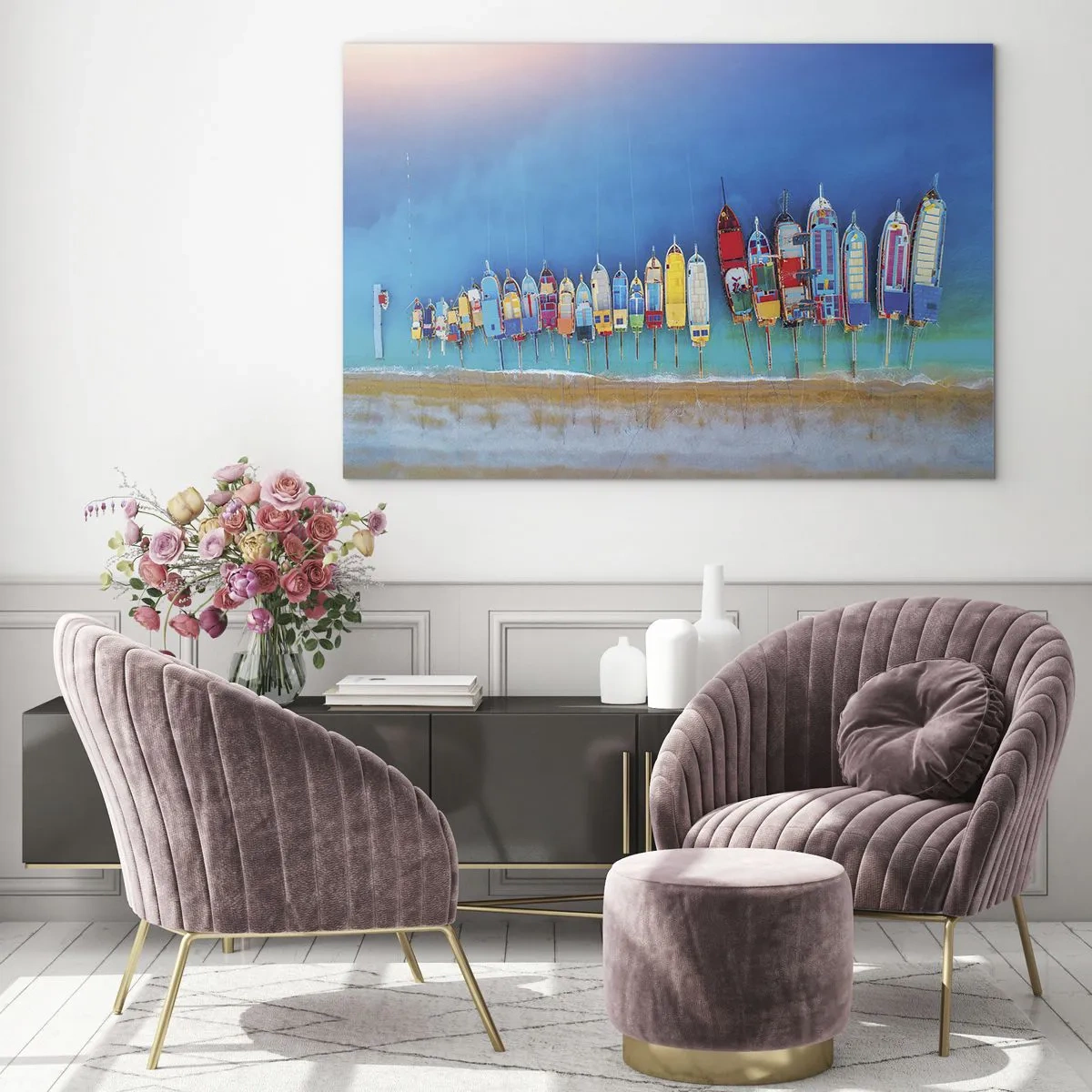 Glasbild - Bild auf glas - Bunte Boote am Ufer des türkisfarbenen Meeres - 100x70cm - Aus der Vogelperspektive - Moderne Wanddekoration für Wohnzimmer und Schlafzimmer ARTTOR