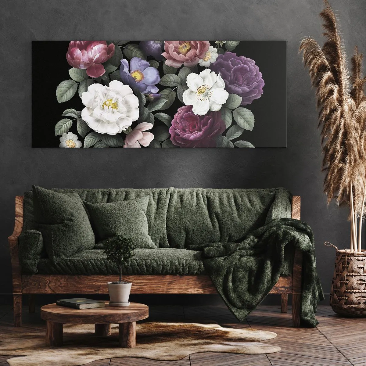 Bild auf Leinwand - Leinwandbild - Blumen in verschiedenen Farben auf schwarzem Hintergrund - 160x50cm - Aus dem Englischen Garten - Moderne Wanddekoration für Wohnzimmer und Schlafzimmer ARTTOR