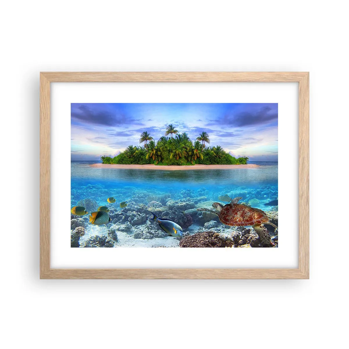 Poster in einem Rahmen aus heller Eiche - Heavenly Island lädt dich ein - 40x30 cm