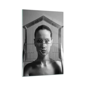 Glasbild - Bild auf glas - Frau hinter einem Käfig im surrealen Stil - 70x100cm - Ein leicht surreales Portrait - Moderne Wanddekoration für Wohnzimmer und Schlafzimmer ARTTOR