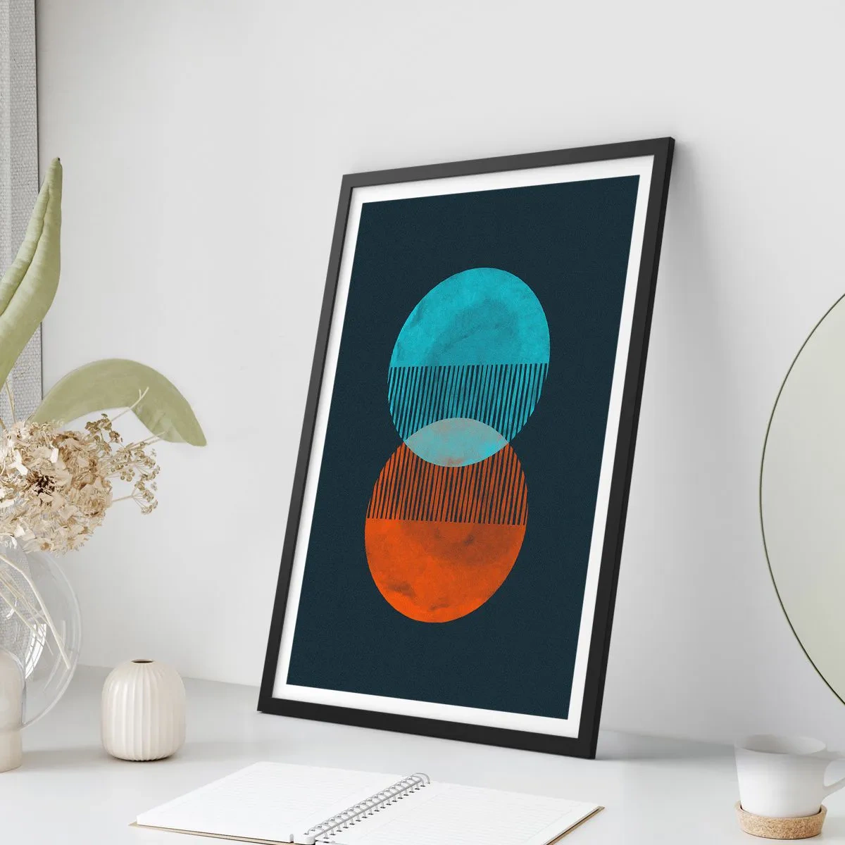 Poster in einem schwarzem Rahmen - Abstrakte Kreise in Blau- und Orangetönen - 50x70cm - Astronomische Fantasie - Moderne Wanddekoration für Wohnzimmer und Schlafzimmer ARTTOR