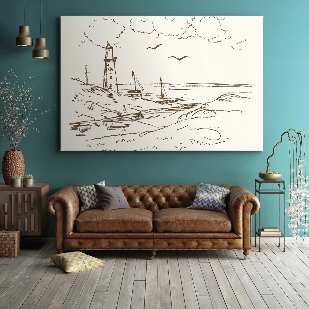 Bild auf Leinwand - Leinwandbild - Skizze eines Leuchtturms mit Blick auf das Meer - 70x50cm - Ein Überblick über die Erinnerungen an den Sommer - Moderne Wanddekoration für Wohnzimmer und Schlafzimmer ARTTOR