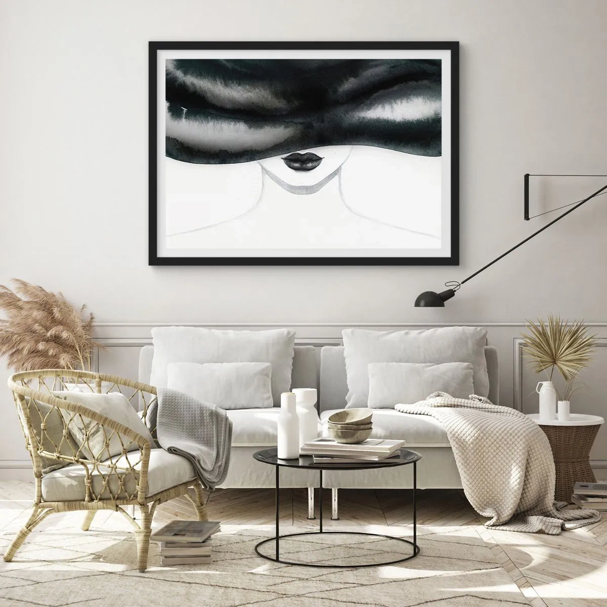 Poster in einem schwarzem Rahmen - Ein subtiles Porträt einer Frau, deren Gesicht in einem monochromen Stil bedeckt ist. - 100x70cm - Ein sinnliches Geheimnis - Moderne Wanddekoration für Wohnzimmer und Schlafzimmer ARTTOR