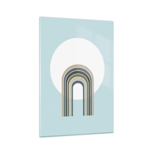 Glasbild - Bild auf glas - Eine minimalistische Komposition mit einem Kreis und Linien auf pastellfarbenem Hintergrund. - 70x100cm - Unwiderstehliche Anziehungskraft - Moderne Wanddekoration für Wohnzimmer und Schlafzimmer ARTTOR