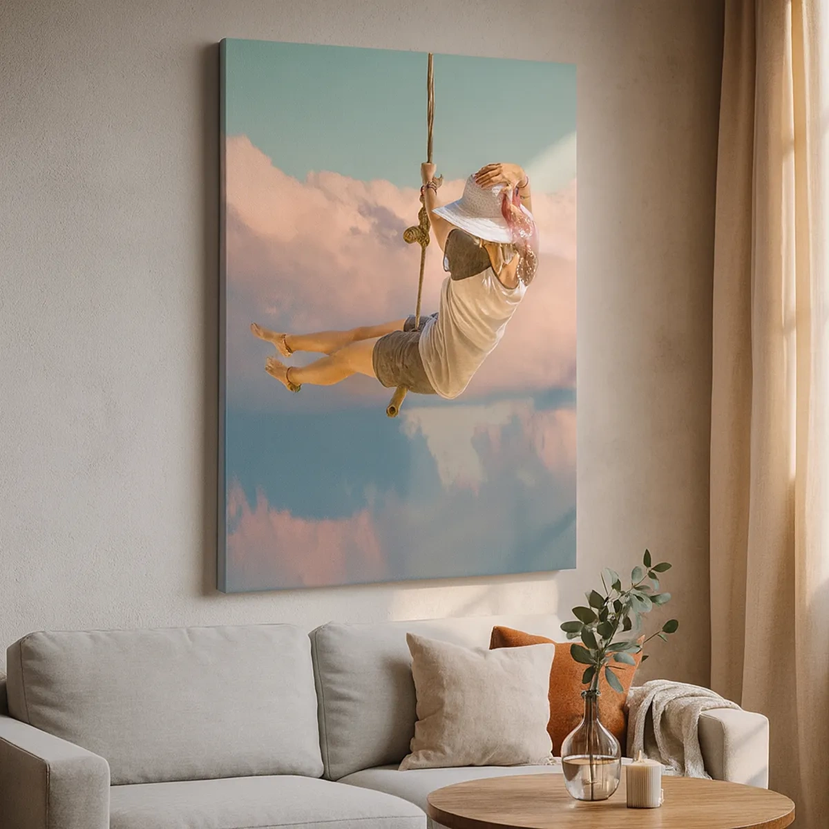 Bild auf Leinwand - Leinwandbild - Frau auf einer Schaukel zwischen rosa Wolken - 50x70cm - Spaß in den Wolken - Moderne Wanddekoration für Wohnzimmer und Schlafzimmer ARTTOR